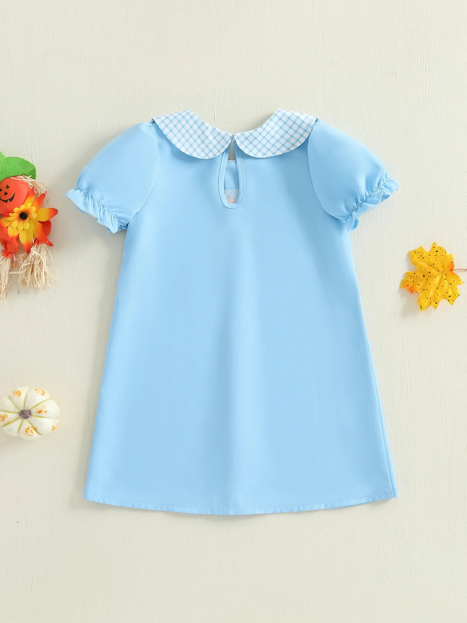 Toddler Girl Halloween Costume Short Sleeve Pumpkin Embroidery Dress with Doll Collar and A-Line Skirt for Summer