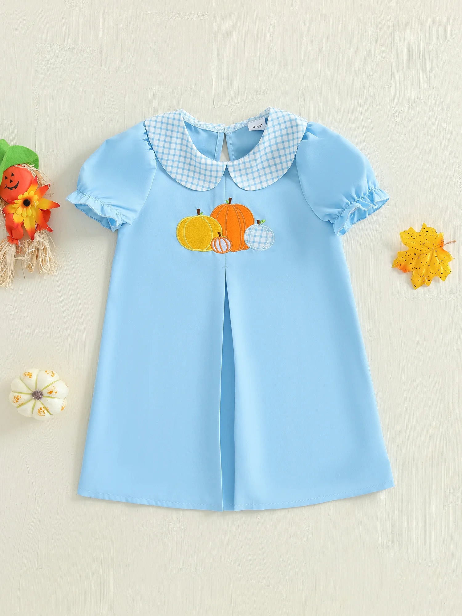 Toddler Girl Halloween Costume Short Sleeve Pumpkin Embroidery Dress with Doll Collar and A-Line Skirt for Summer