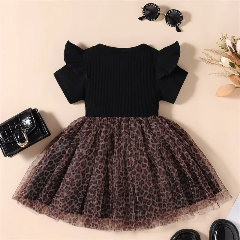 Girls Summer Dress Sleeveless Floral Printed Ruffled Bowknot Mesh Patchwork Princess Dress for Kids